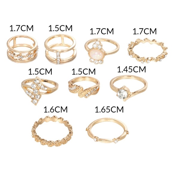 **KEILANI* 9-Pc Gold x Rhinestone Fashion Ring Set - Picture 6 of 6